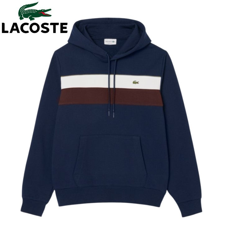 Lacoste Fleece Lined Block Stripe Hoodie Navy