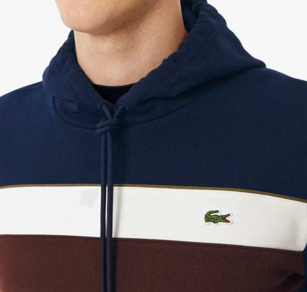 Lacoste Fleece Lined Block Stripe Hoodie Navy